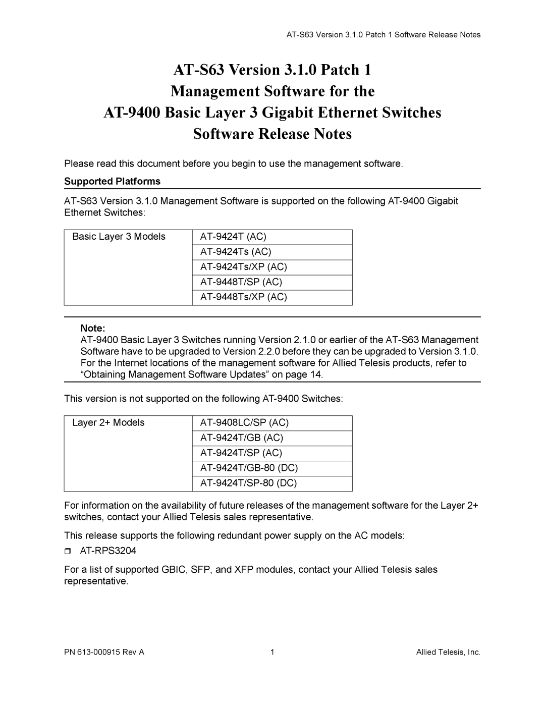 Allied Telesis PN 613, AT-S63 manual Supported Platforms 