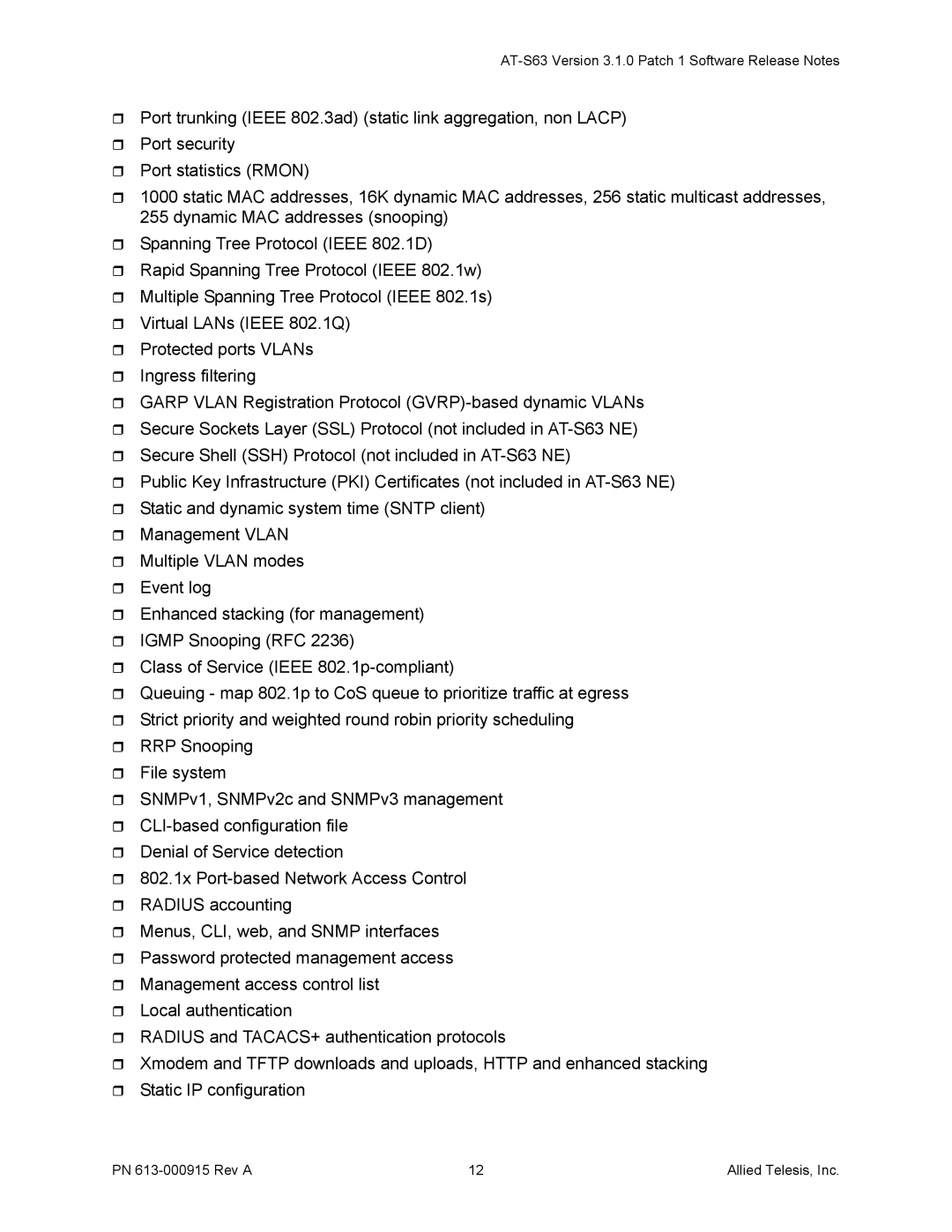 Allied Telesis PN 613 manual AT-S63 Version 3.1.0 Patch 1 Software Release Notes 