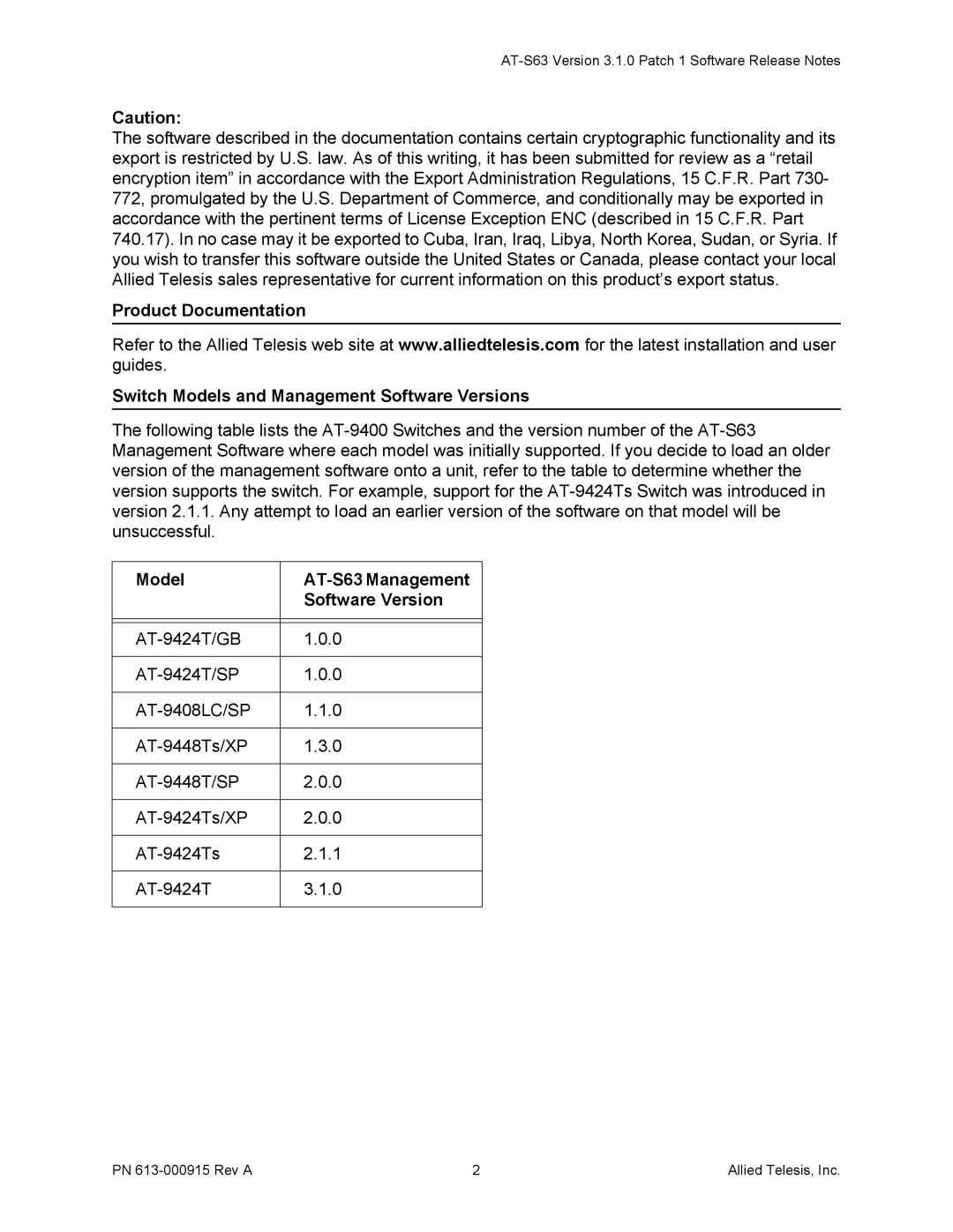 Allied Telesis PN 613 manual Model AT-S63 Management Software Version 