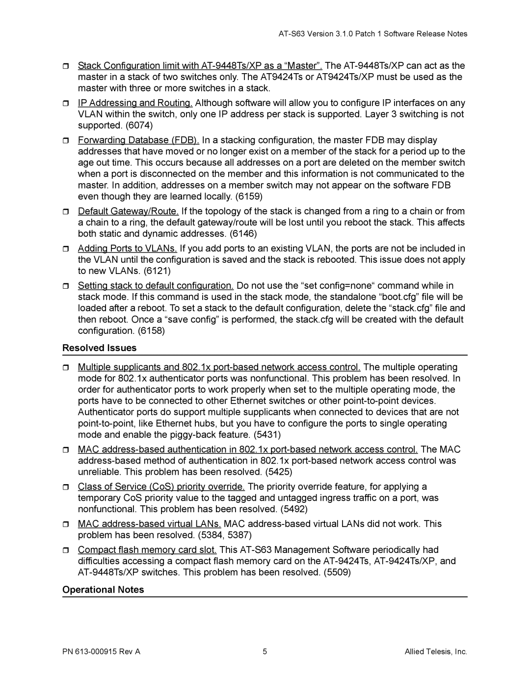 Allied Telesis PN 613, AT-S63 manual Resolved Issues, Operational Notes 