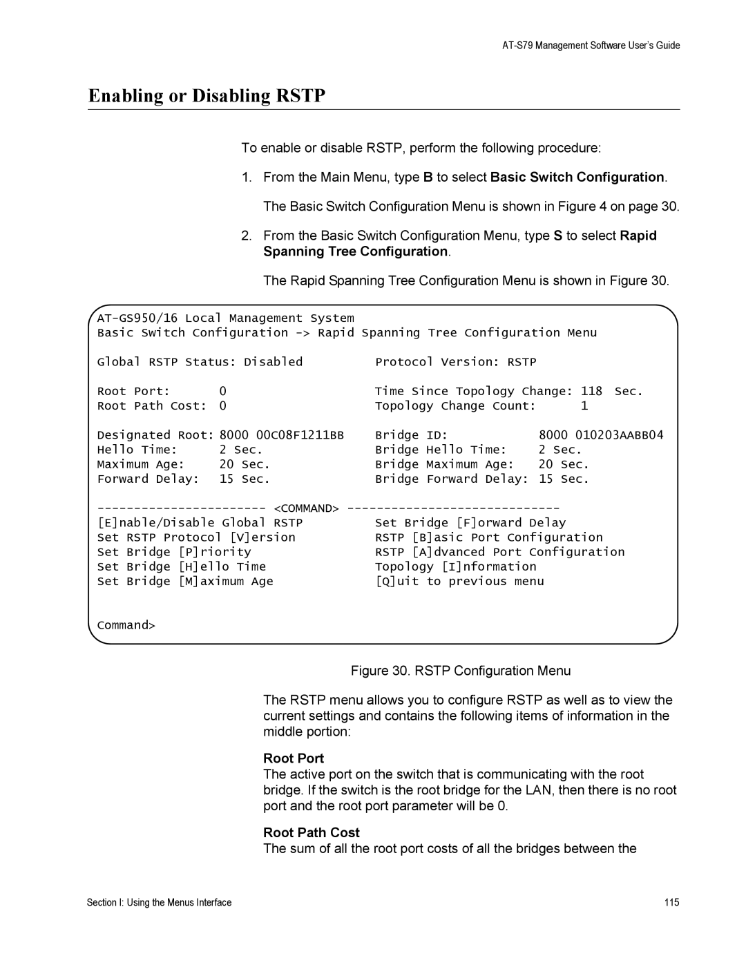 Allied Telesis AT-S79 manual Enabling or Disabling Rstp, Root Port, Root Path Cost 