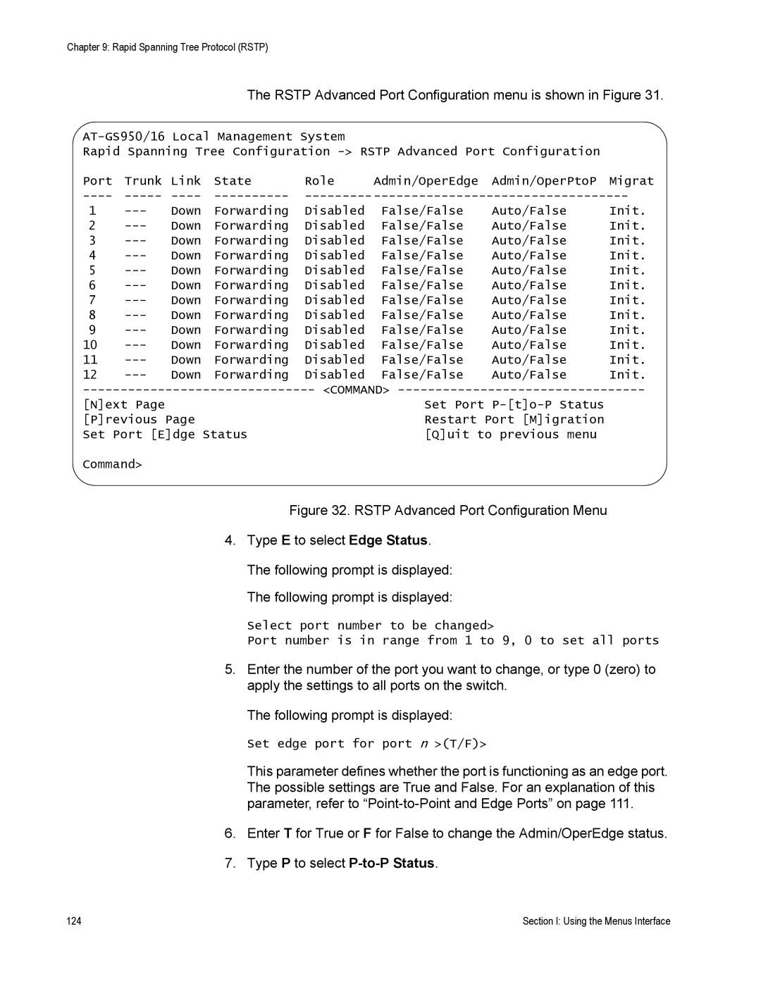 Allied Telesis AT-S79 manual Rstp Advanced Port Configuration menu is shown in Figure 