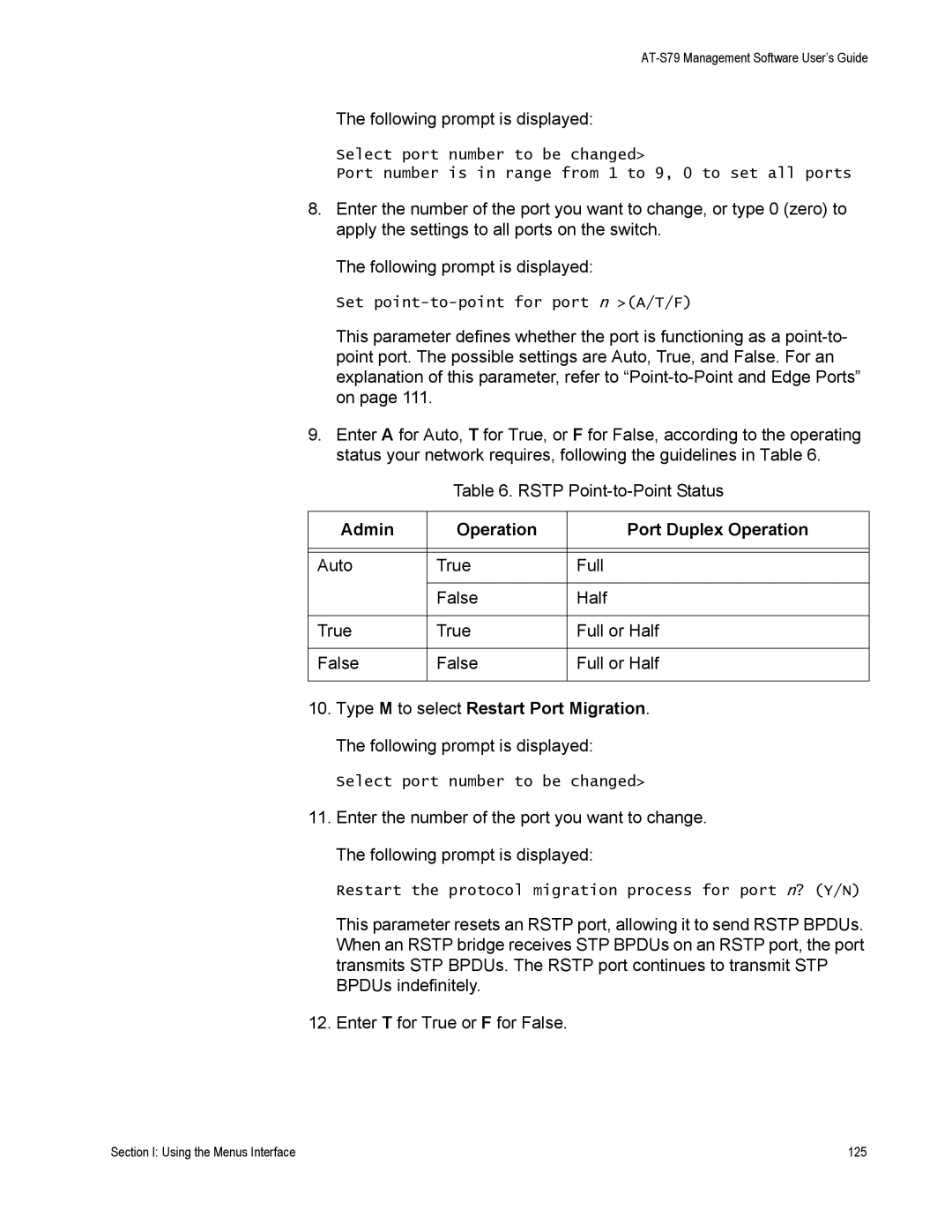 Allied Telesis AT-S79 manual Admin Operation Port Duplex Operation 