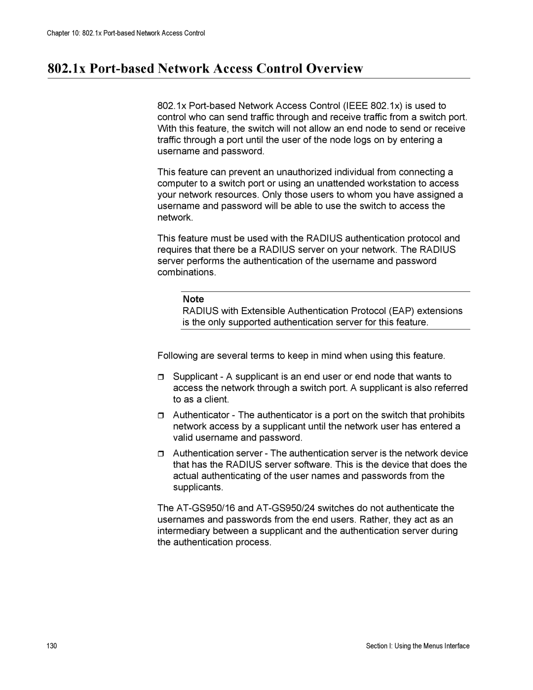 Allied Telesis AT-S79 manual 802.1x Port-based Network Access Control Overview 