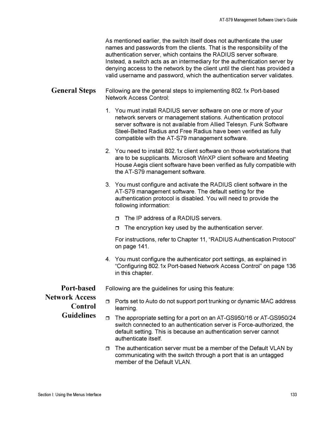 Allied Telesis AT-S79 manual General Steps Port-based Network Access Control Guidelines 