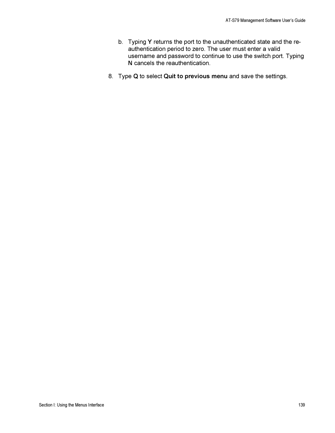 Allied Telesis AT-S79 manual Section I Using the Menus Interface 139 