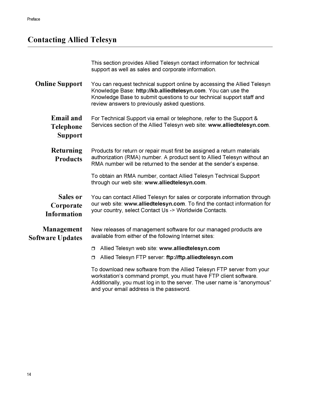 Allied Telesis AT-S79 manual Contacting Allied Telesyn, Management Software Updates 