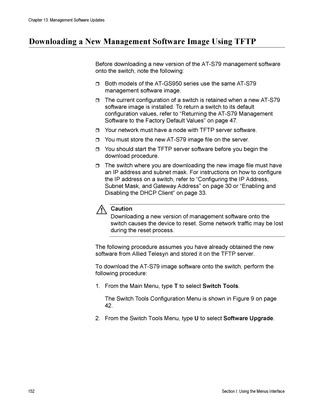 Allied Telesis AT-S79 manual Downloading a New Management Software Image Using Tftp 