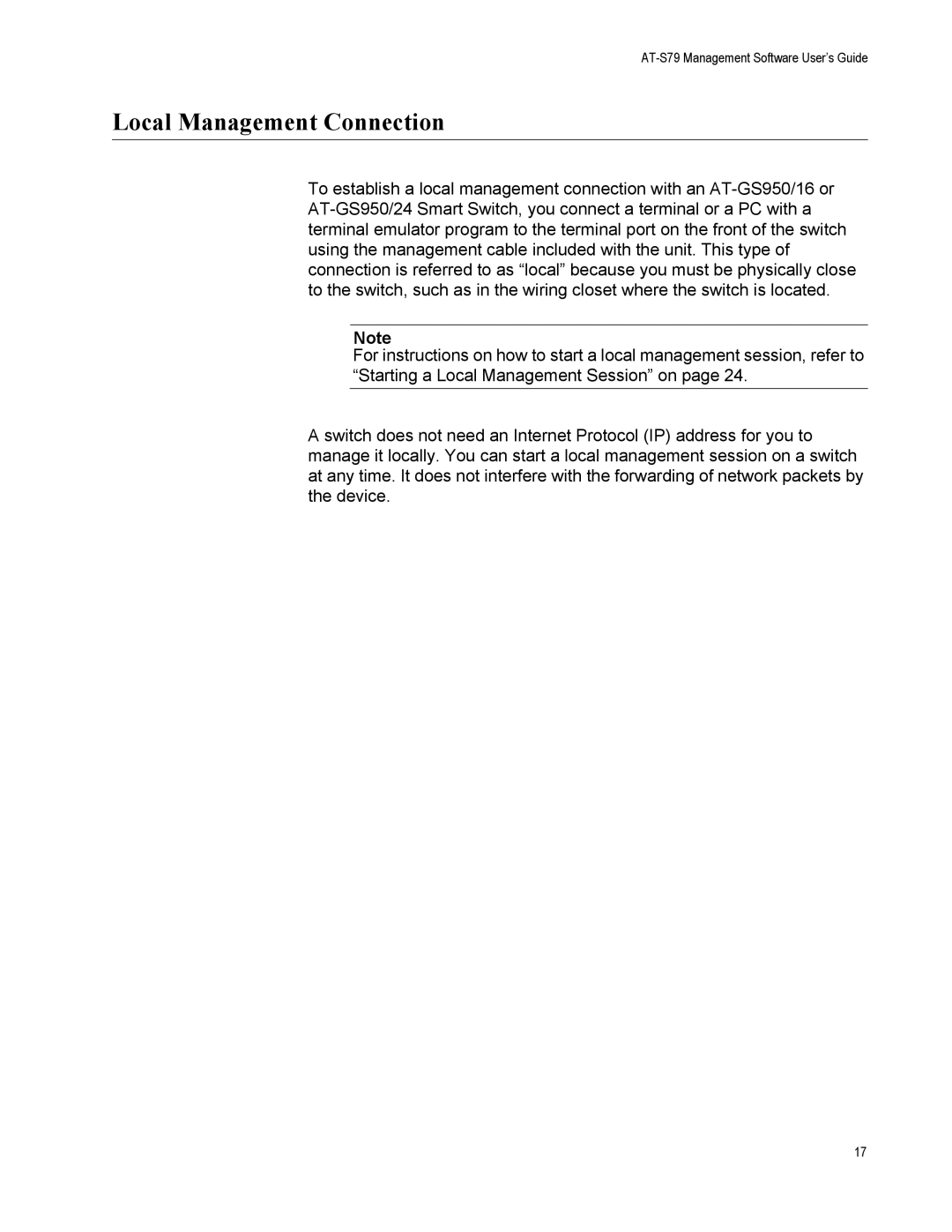 Allied Telesis AT-S79 manual Local Management Connection 