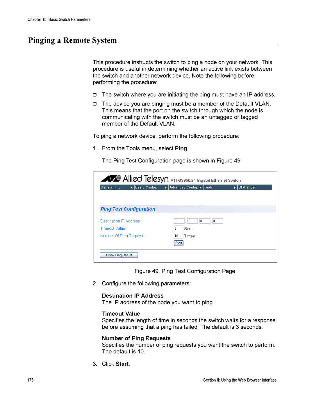 Allied Telesis AT-S79 manual Destination IP Address, Timeout Value, Number of Ping Requests 