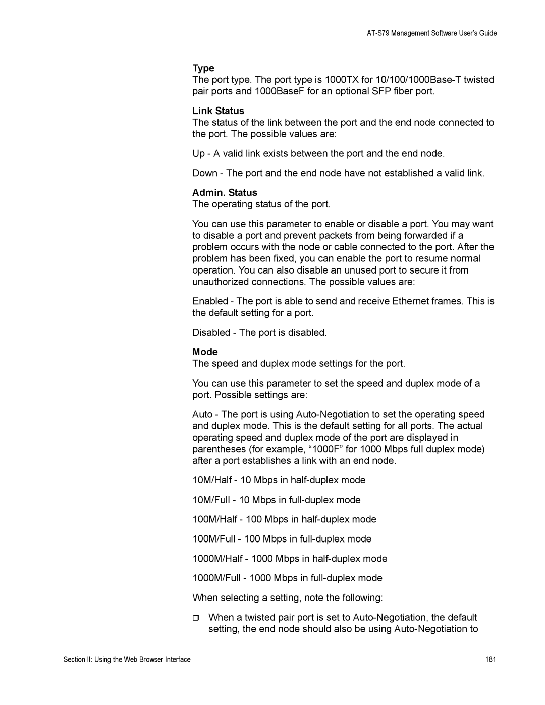 Allied Telesis AT-S79 manual Link Status, Admin. Status 