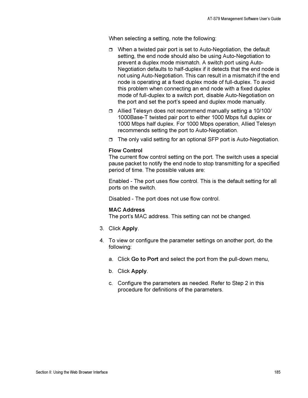 Allied Telesis AT-S79 manual Section II Using the Web Browser Interface 185 