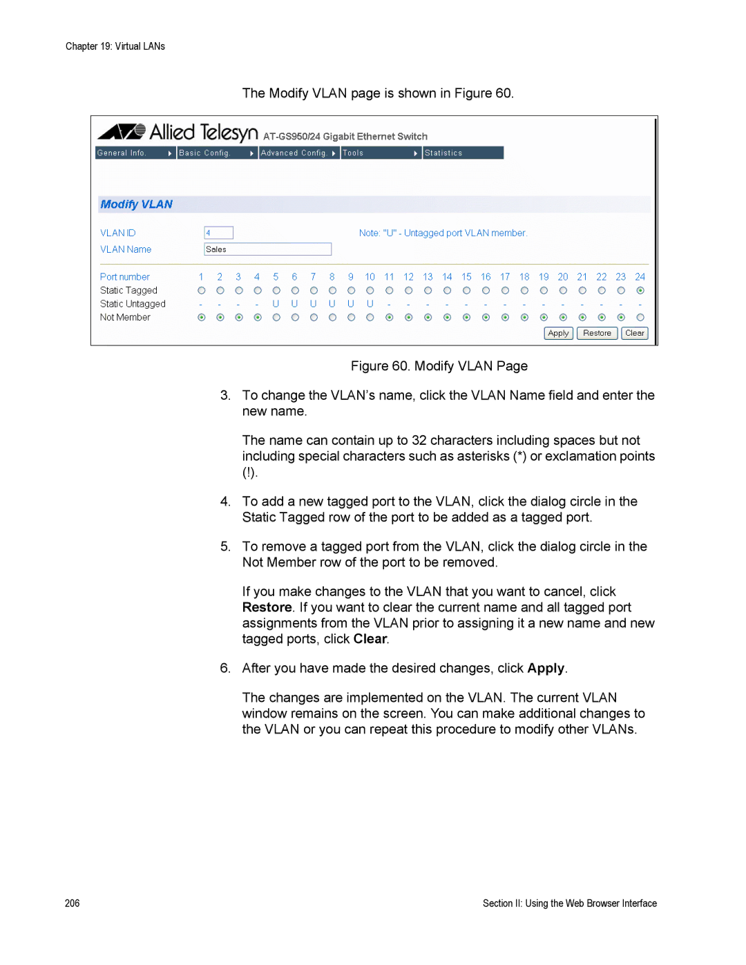 Allied Telesis AT-S79 manual Modify Vlan page is shown in Figure 