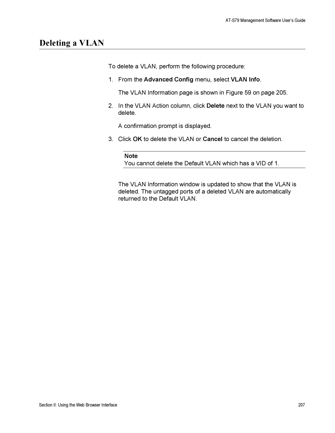 Allied Telesis AT-S79 manual Deleting a Vlan, From the Advanced Config menu, select Vlan Info 