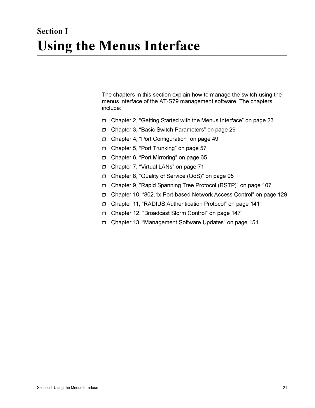 Allied Telesis AT-S79 manual Using the Menus Interface, Section 