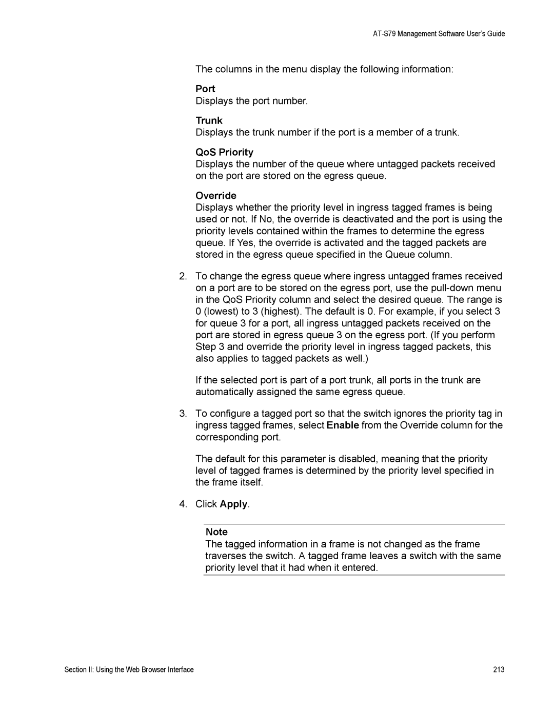 Allied Telesis AT-S79 manual Port, QoS Priority 