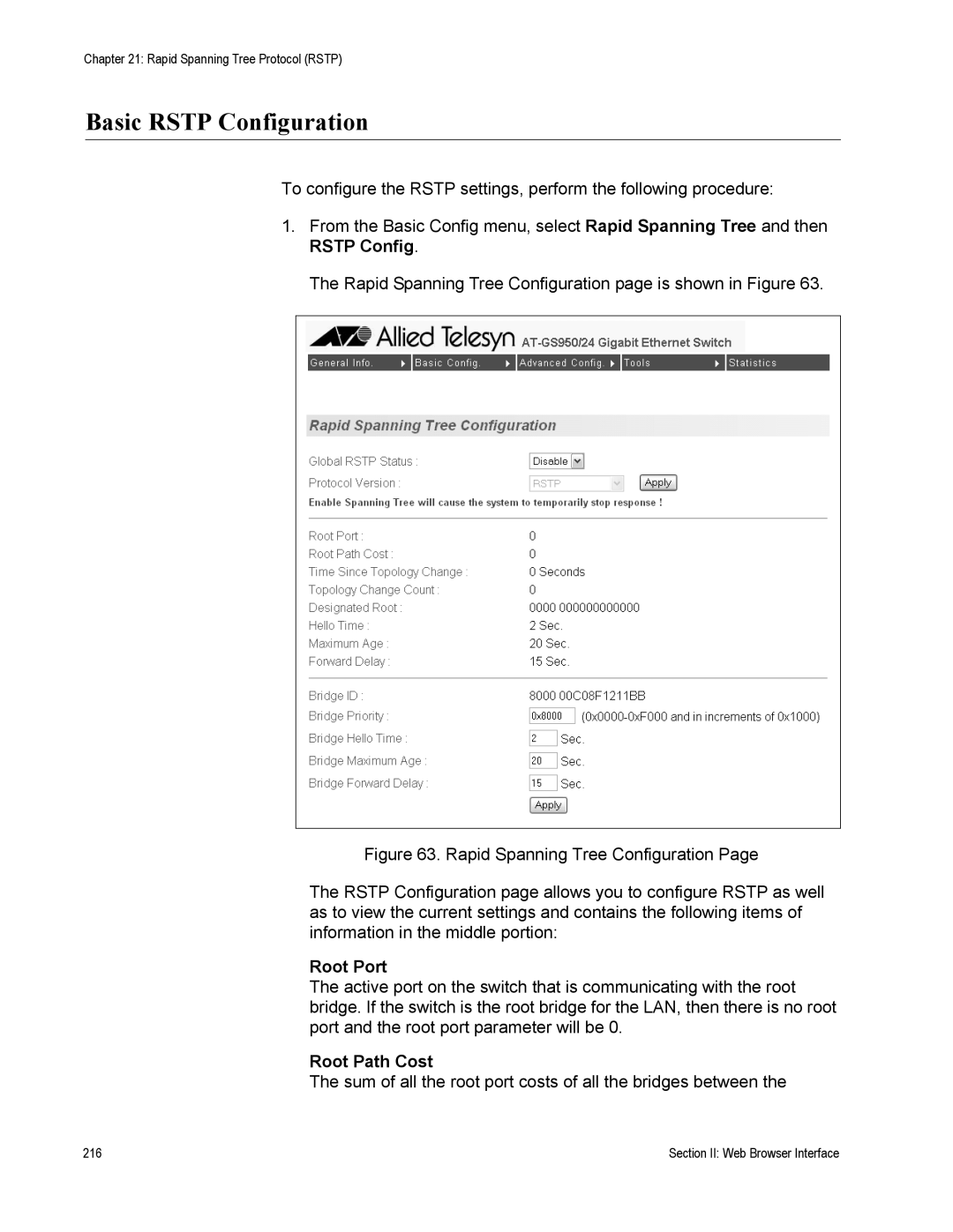 Allied Telesis AT-S79 manual Basic Rstp Configuration, Root Port 