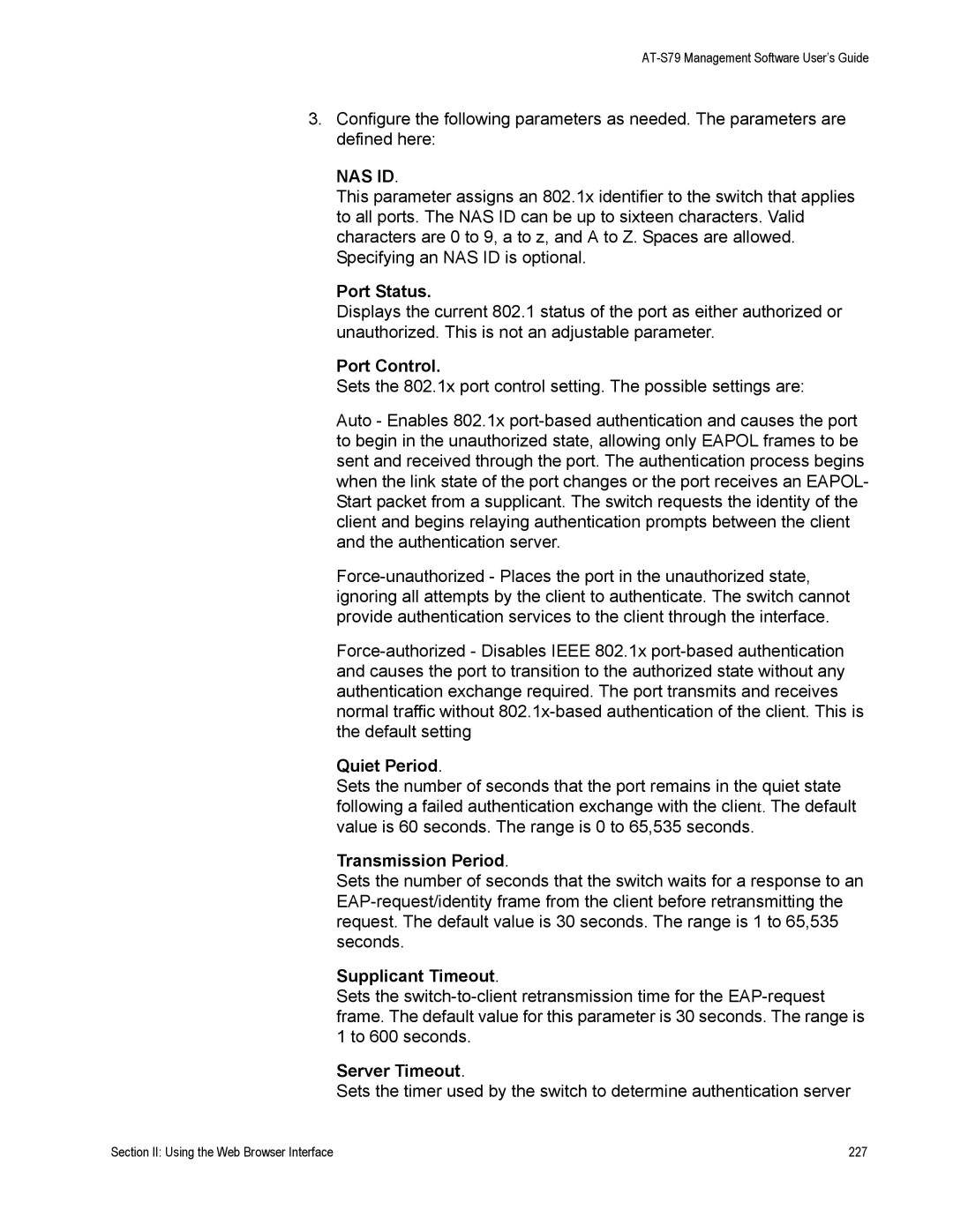 Allied Telesis AT-S79 manual Section II Using the Web Browser Interface 227 