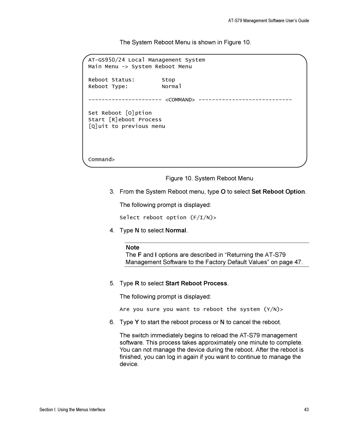 Allied Telesis AT-S79 manual System Reboot Menu is shown in Figure 