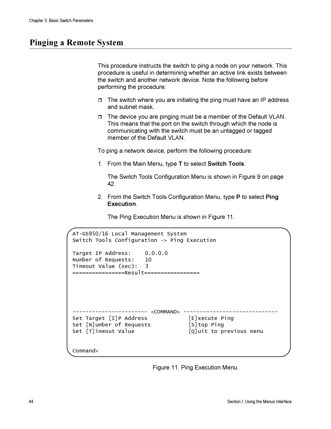 Allied Telesis AT-S79 manual Pinging a Remote System, Ping Execution Menu 