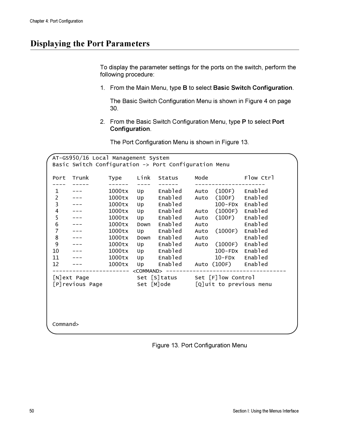 Allied Telesis AT-S79 manual Displaying the Port Parameters, Port Configuration Menu 