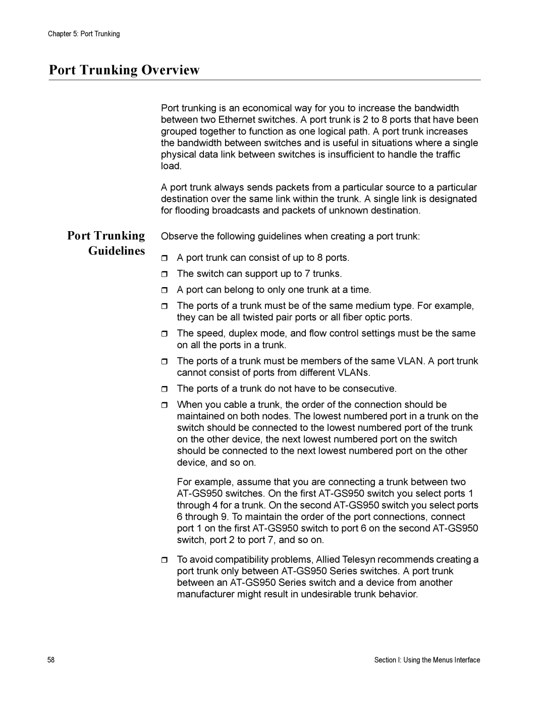 Allied Telesis AT-S79 manual Port Trunking Overview, Port Trunking Guidelines 