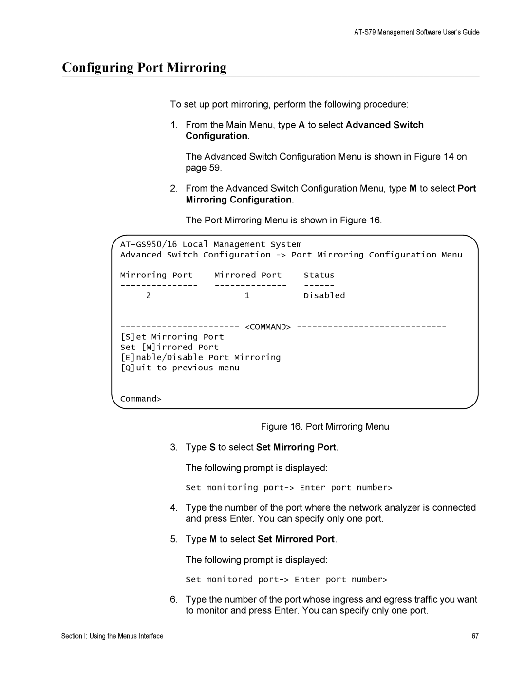 Allied Telesis AT-S79 manual Configuring Port Mirroring, Port Mirroring Menu 