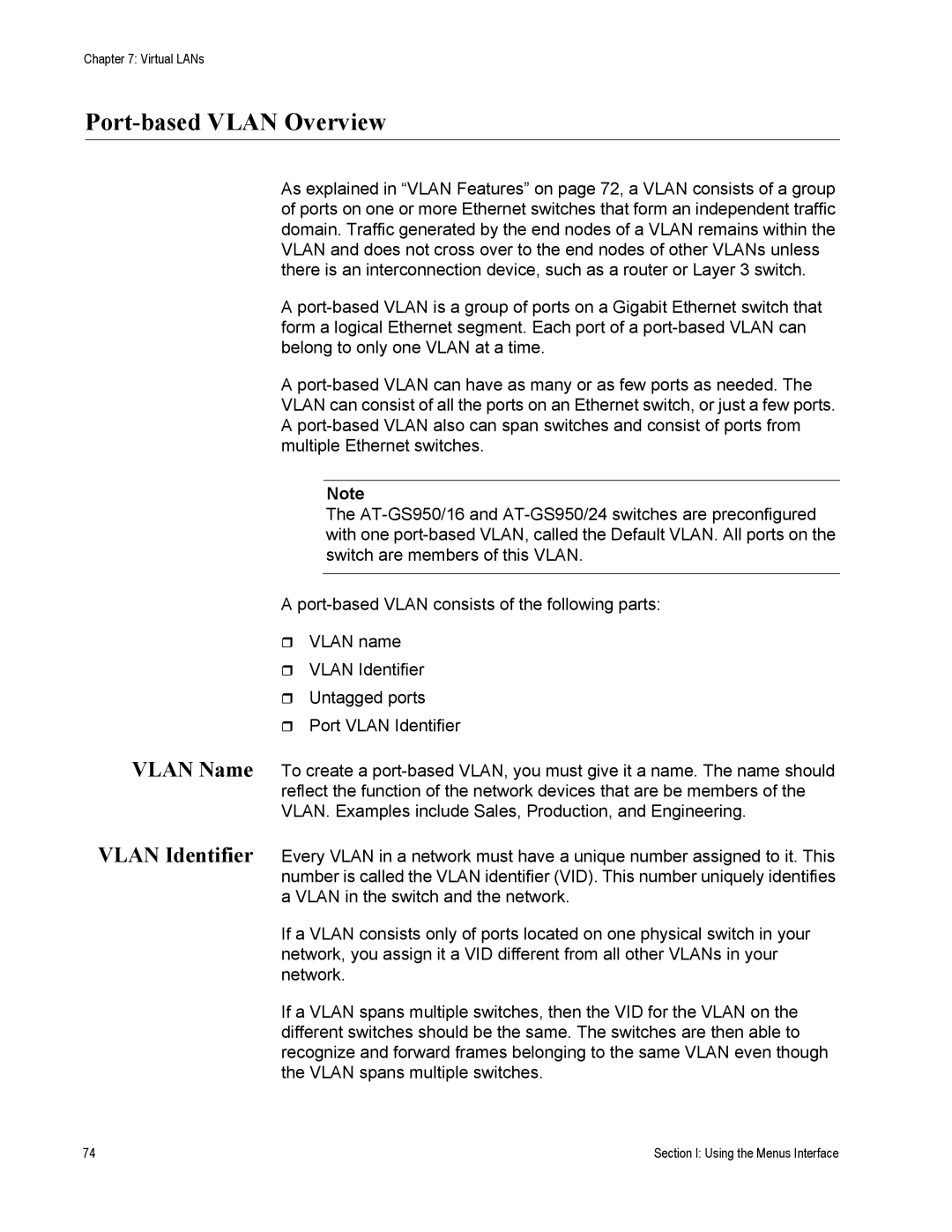 Allied Telesis AT-S79 manual Port-based Vlan Overview, Vlan Name Vlan Identifier 