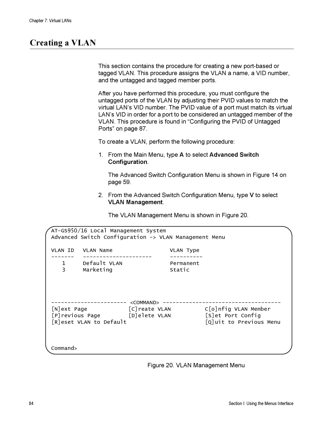 Allied Telesis AT-S79 manual Creating a Vlan, Vlan Management Menu 