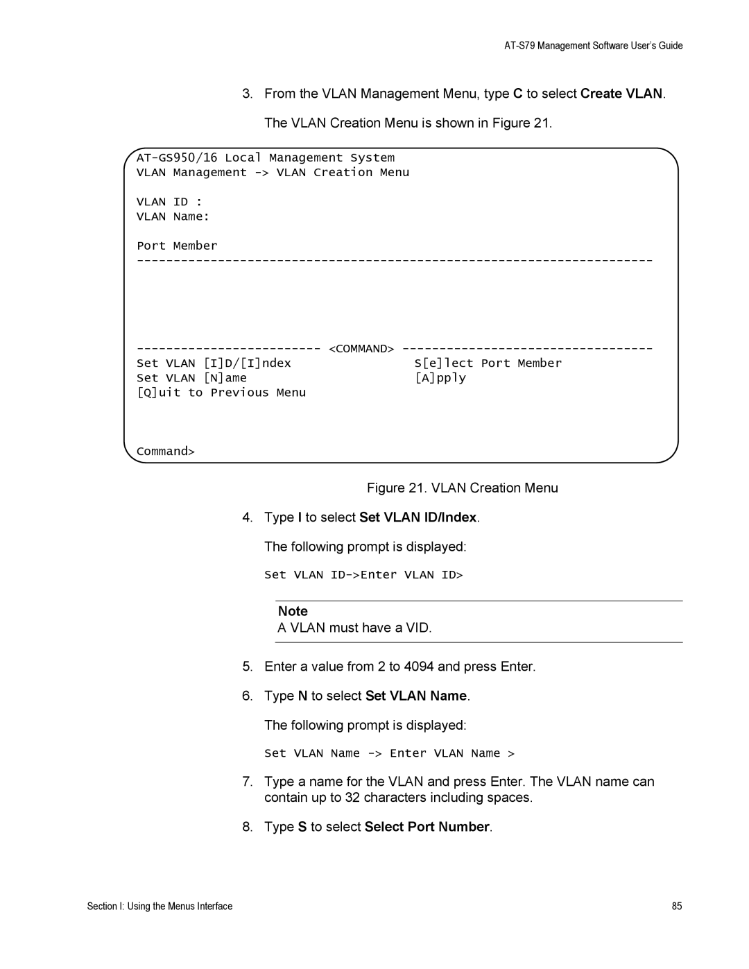 Allied Telesis AT-S79 manual Vlan Creation Menu, Type S to select Select Port Number 