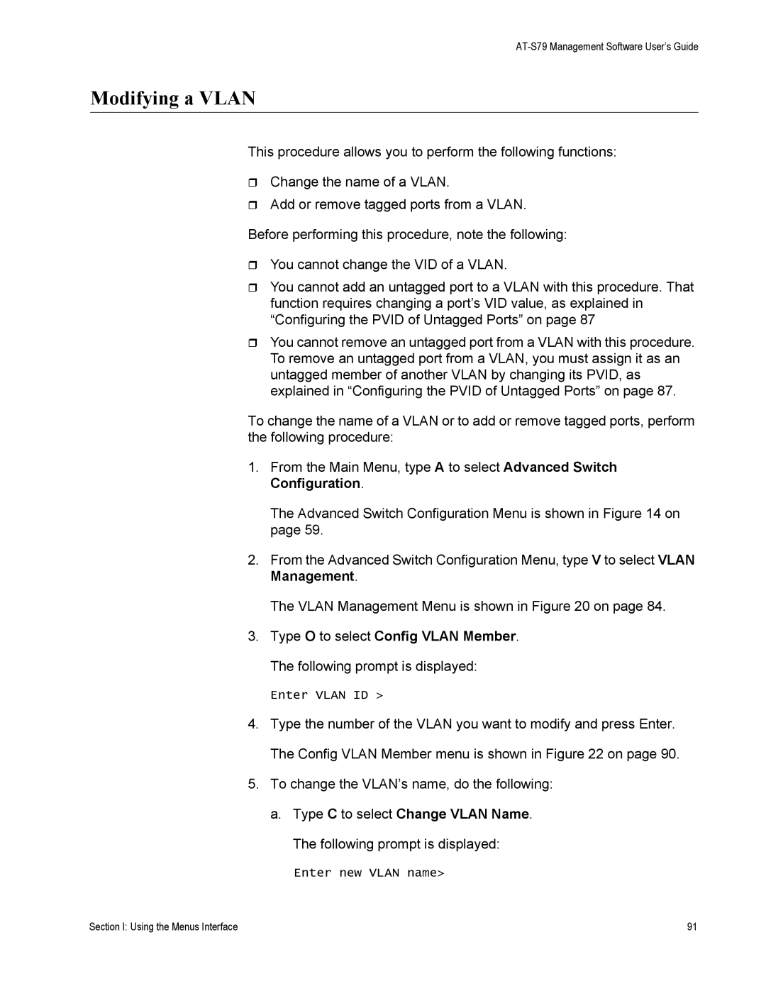 Allied Telesis AT-S79 manual Modifying a Vlan 