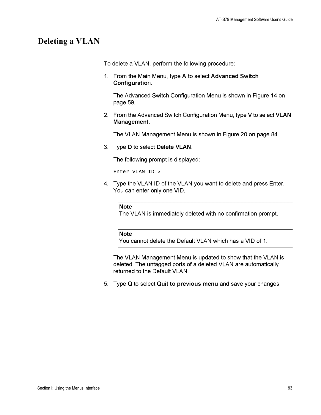 Allied Telesis AT-S79 manual Deleting a Vlan 