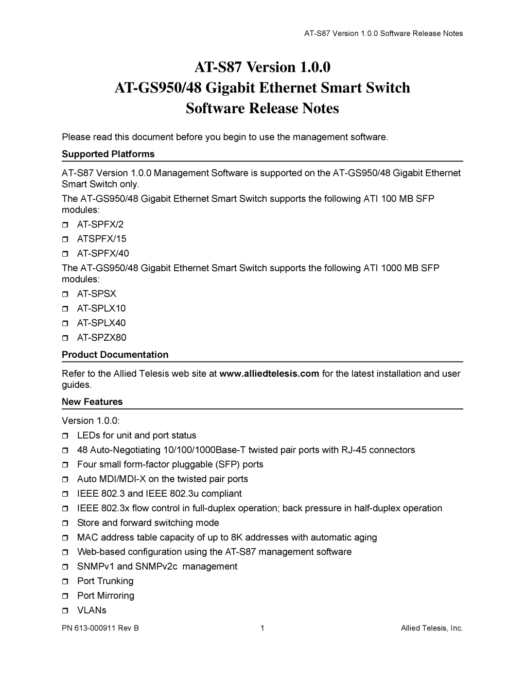 Allied Telesis AT-S87 manual Supported Platforms, Product Documentation New Features 