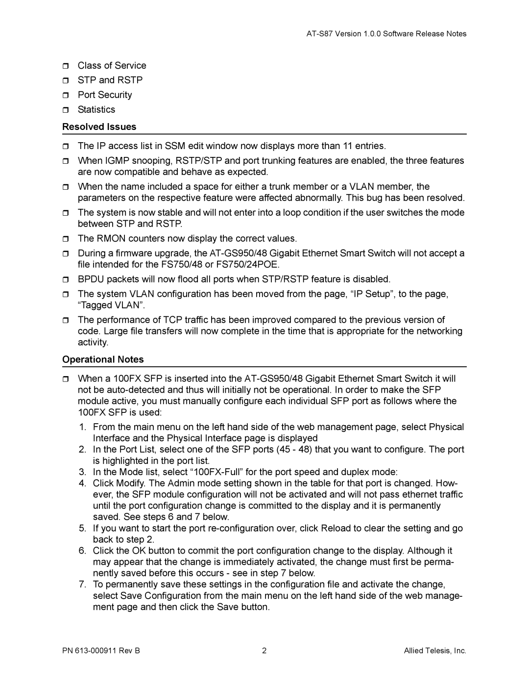 Allied Telesis AT-S87 manual Resolved Issues, Operational Notes 