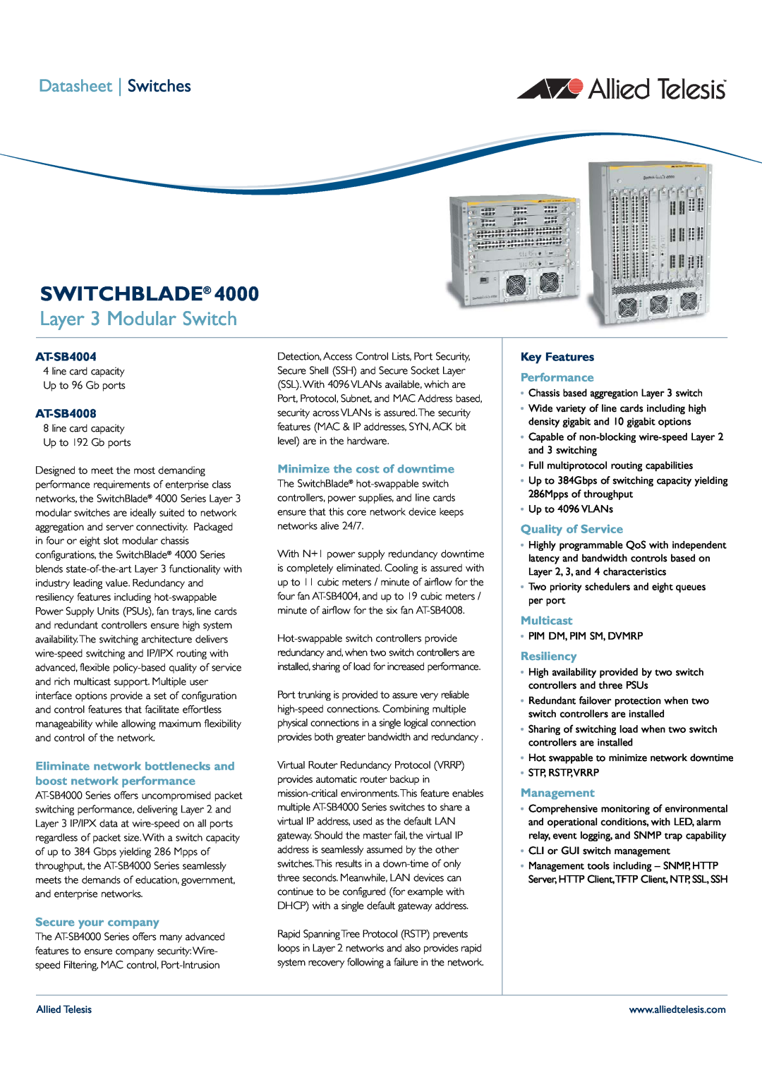 Allied Telesis AT-SB4008 manual Layer 3 Modular Switch, Eliminate network bottlenecks and boost network performance 