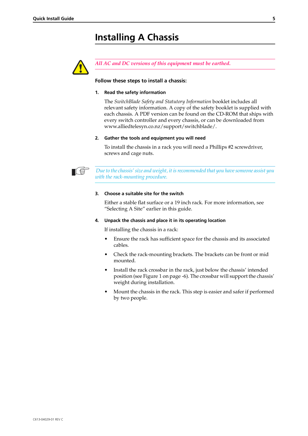 Allied Telesis AT-SB4108-80, AT-SB4108-00, AT-SB4108-60 manual Installing a Chassis, Follow these steps to install a chassis 