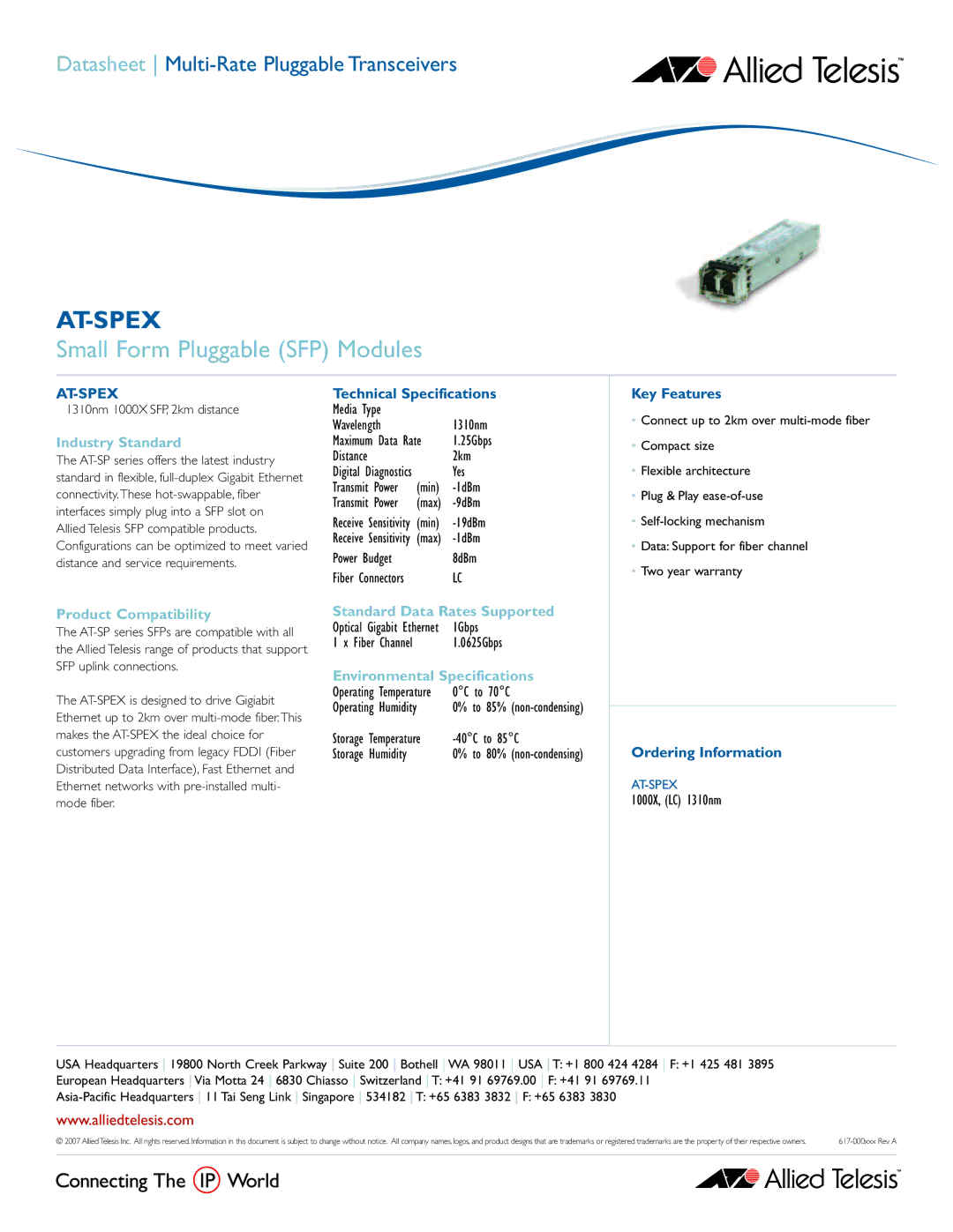 Allied Telesis AT-SPEX technical specifications Industry Standard, Product Compatibility, Standard Data Rates Supported 