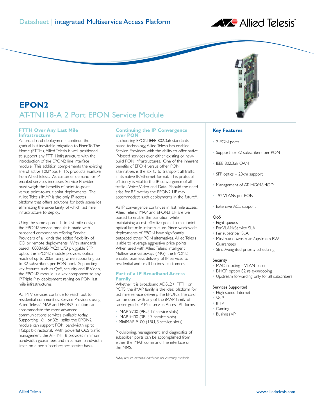 Allied Telesis manual AT-TN118-A 2 Port EPON Service Module, Key Features, EPON2, Allied Telesis 