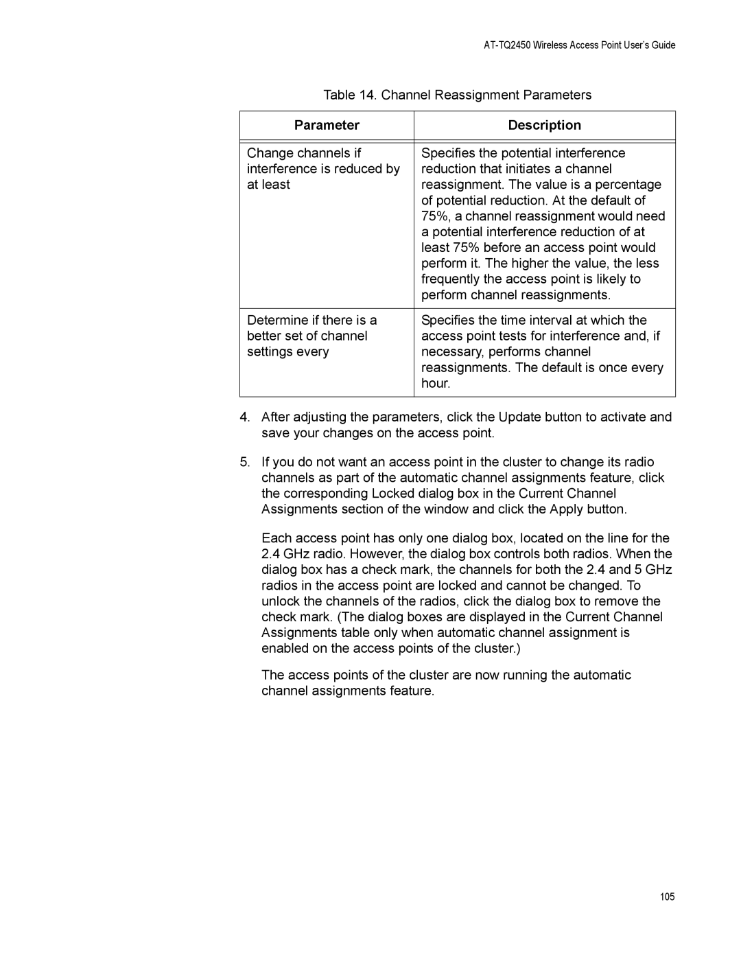 Allied Telesis AT-TQ2450 manual Channel Reassignment Parameters 