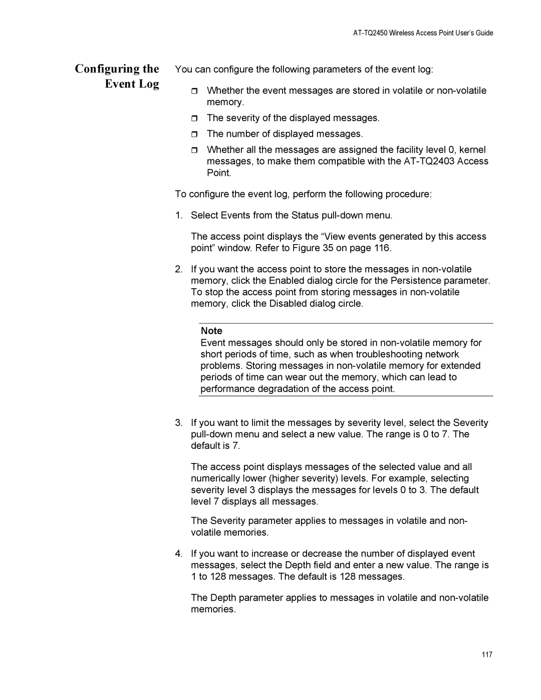 Allied Telesis AT-TQ2450 manual Configuring the Event Log 