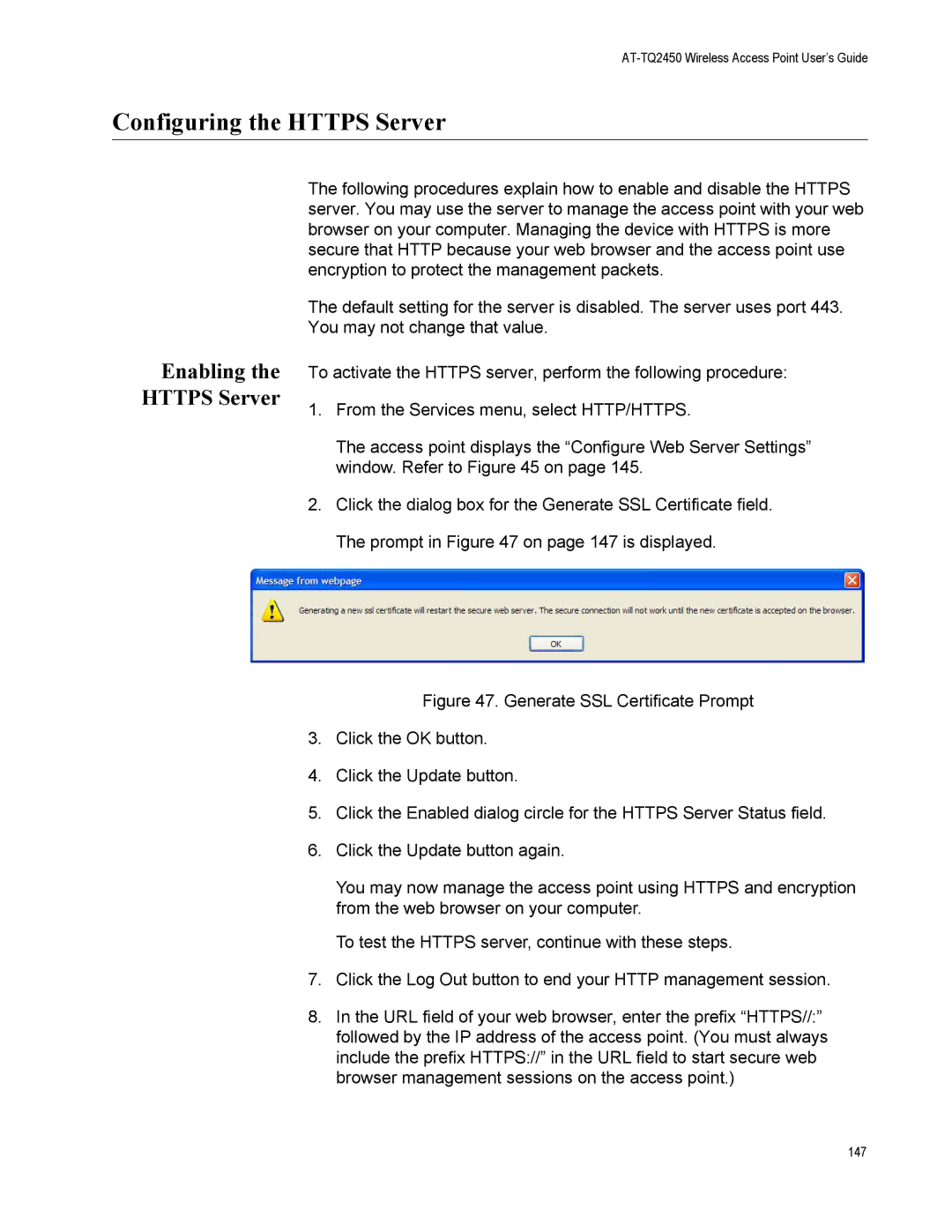 Allied Telesis AT-TQ2450 manual Configuring the Https Server, Enabling the Https Server 