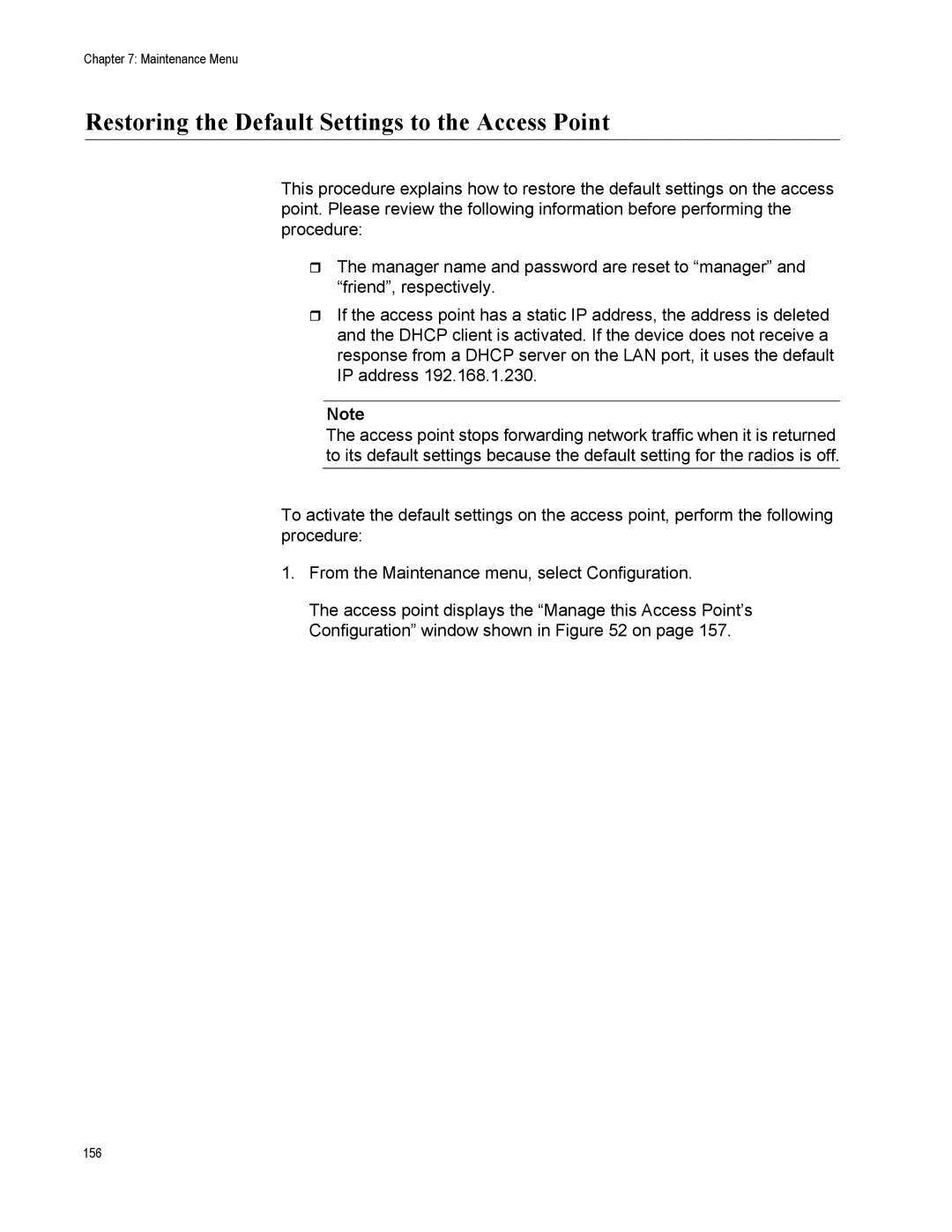 Allied Telesis AT-TQ2450 manual Restoring the Default Settings to the Access Point 