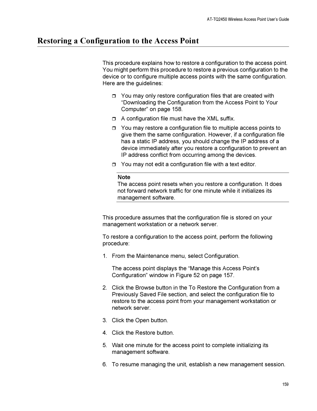 Allied Telesis AT-TQ2450 manual Restoring a Configuration to the Access Point 