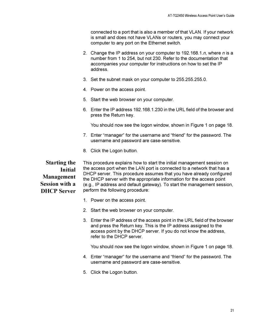 Allied Telesis AT-TQ2450 manual Starting the Initial Management Session with a Dhcp Server 