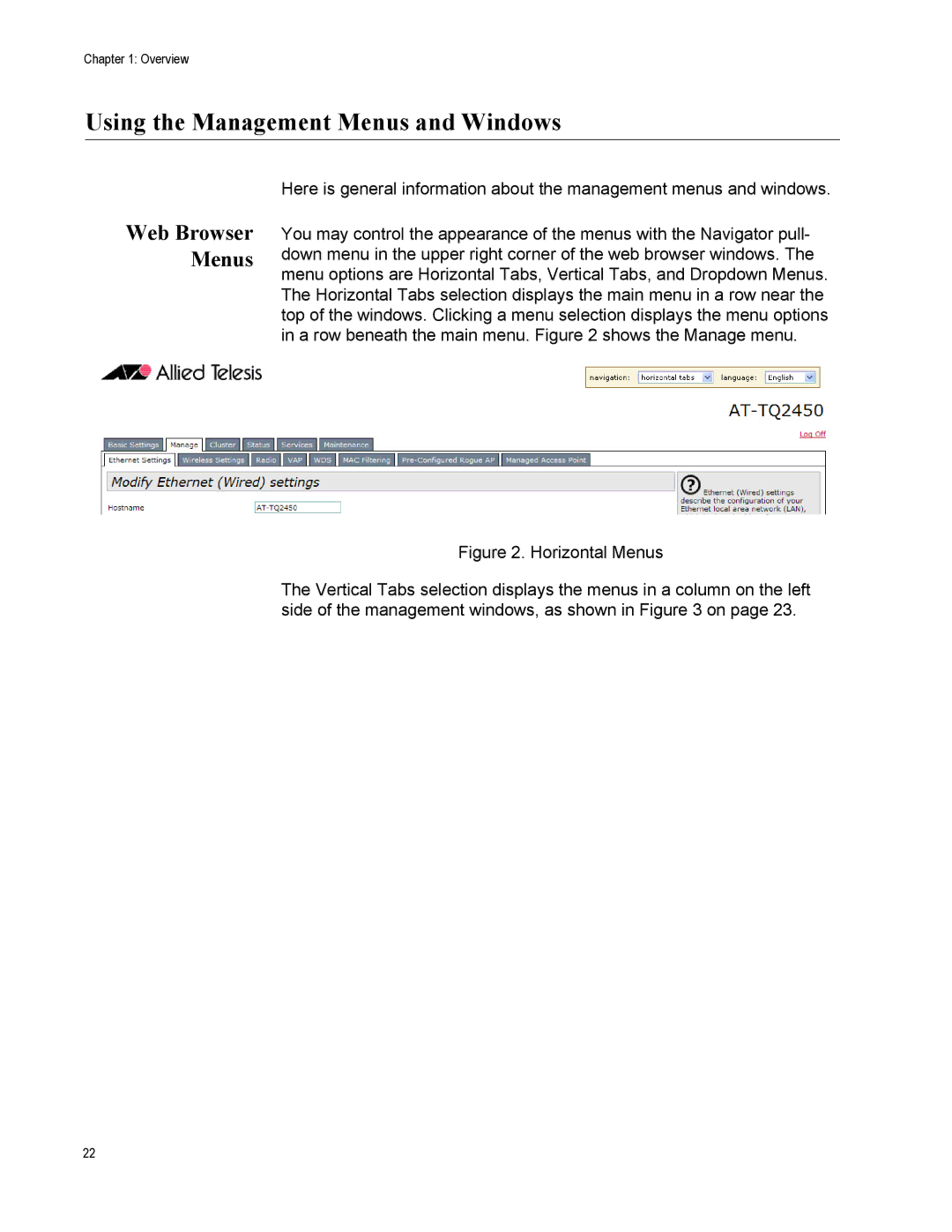 Allied Telesis AT-TQ2450 manual Using the Management Menus and Windows, Web Browser Menus 