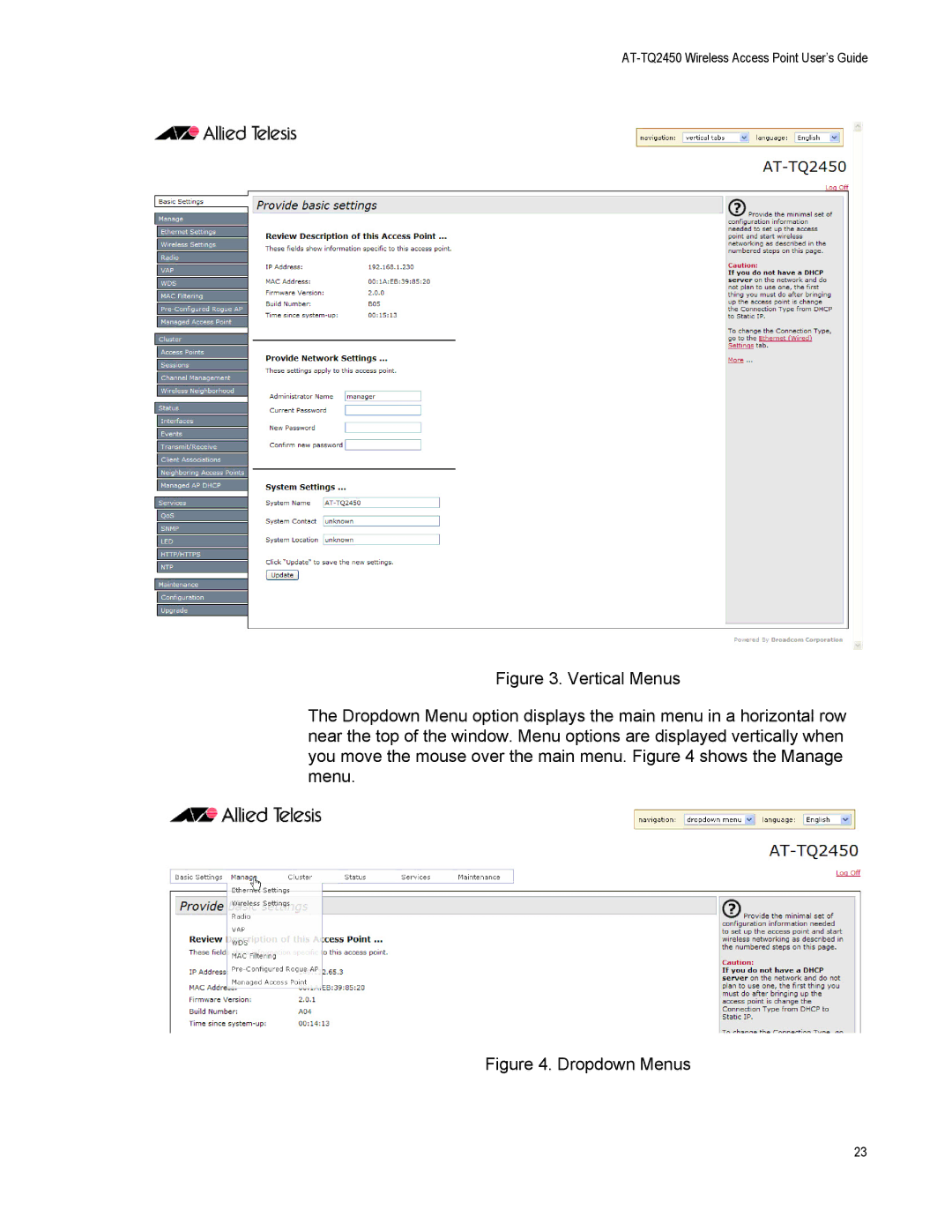 Allied Telesis AT-TQ2450 manual Dropdown Menus 