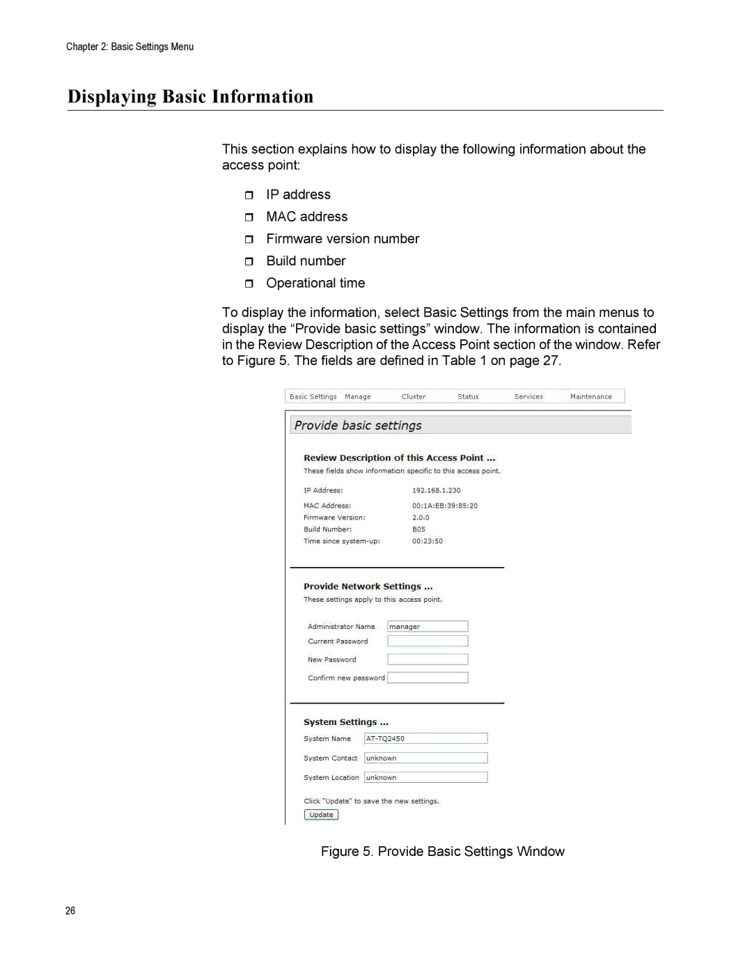 Allied Telesis AT-TQ2450 manual Displaying Basic Information, Provide Basic Settings Window 