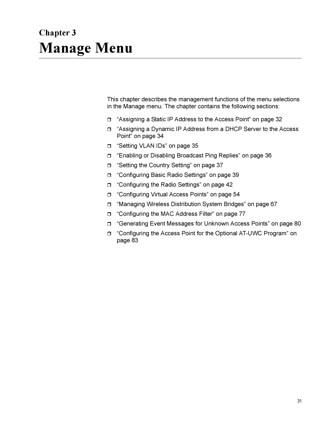 Allied Telesis AT-TQ2450 manual Manage Menu 