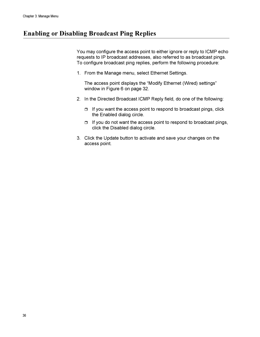 Allied Telesis AT-TQ2450 manual Enabling or Disabling Broadcast Ping Replies 