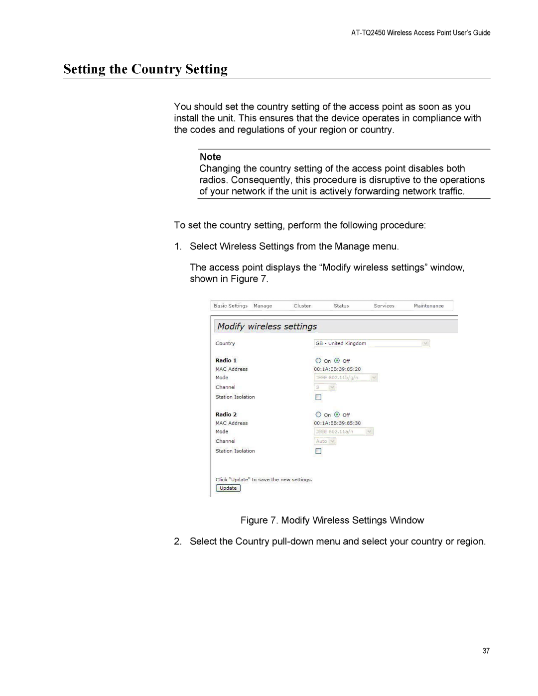 Allied Telesis AT-TQ2450 manual Setting the Country Setting 